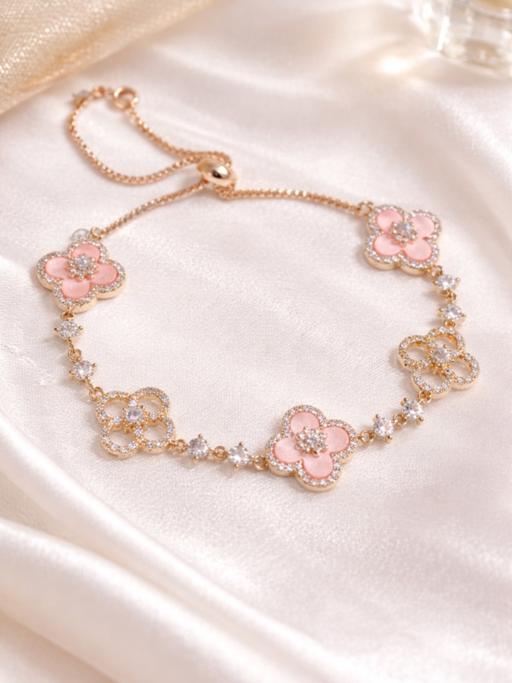 Pink Flower Charm Bracelet | Rose Gold CZ Floral Adjustable Dainty Jewelry